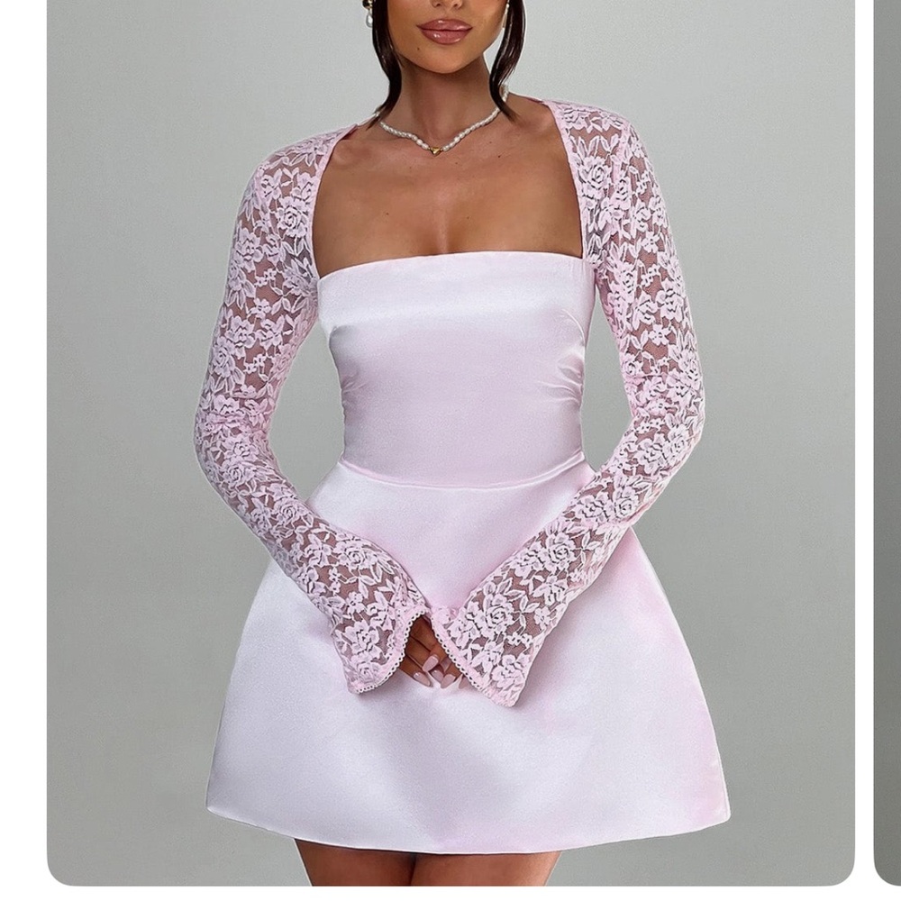 Lace-Sleeve Satin Mini Dress - Light Pink